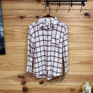 Old Navy Men's Casual White and Brown Checkered Shirt